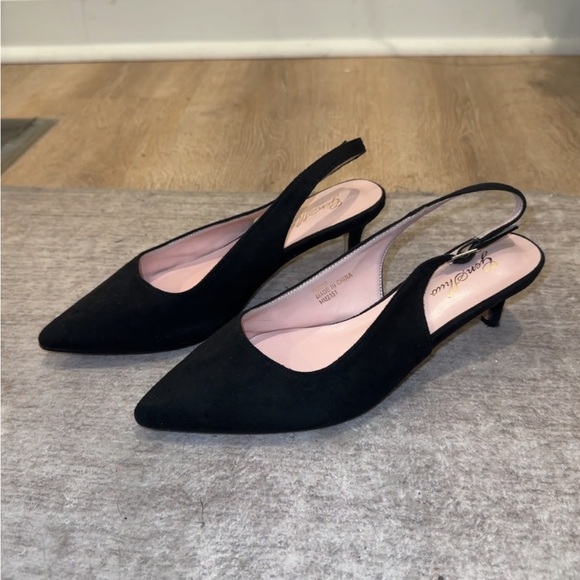 Genshuo Shoes - Black Slingback Pointed-Toe Kitten Heel Pumps